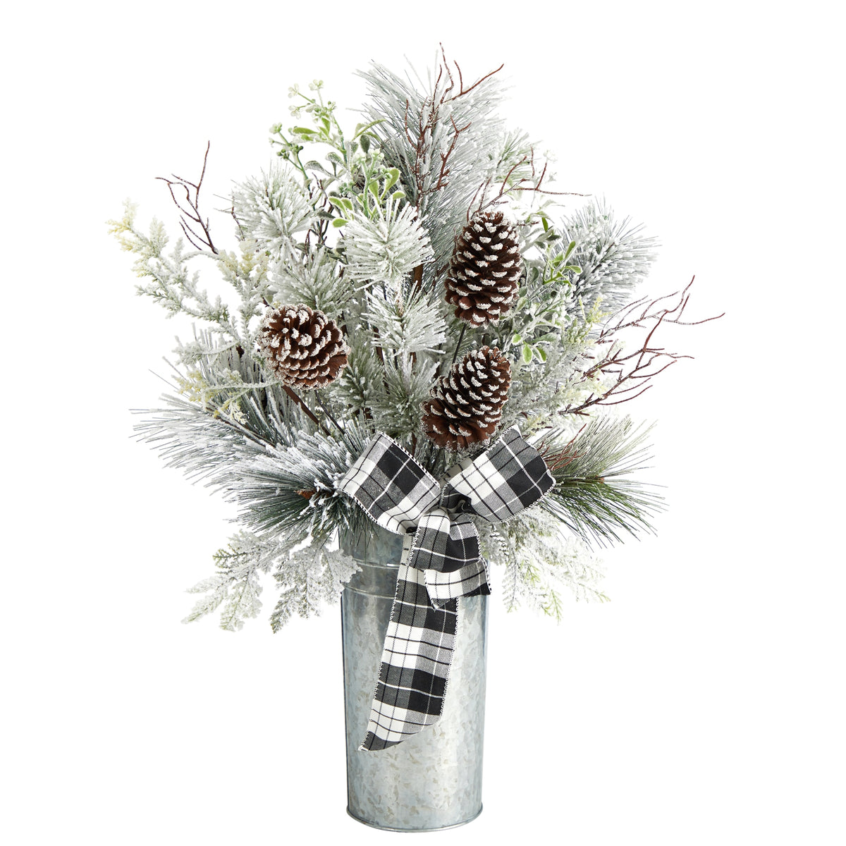 28" Flk Greenery and Pinecone w/Plaid Bow Xmas Arrangement by Nearly Natural
