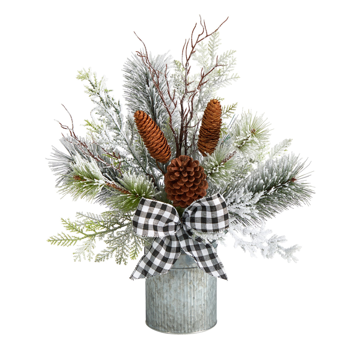 20" Holiday Winter Greenery w/Pinecones & Gingham Plaid Bow by Nearly Natural