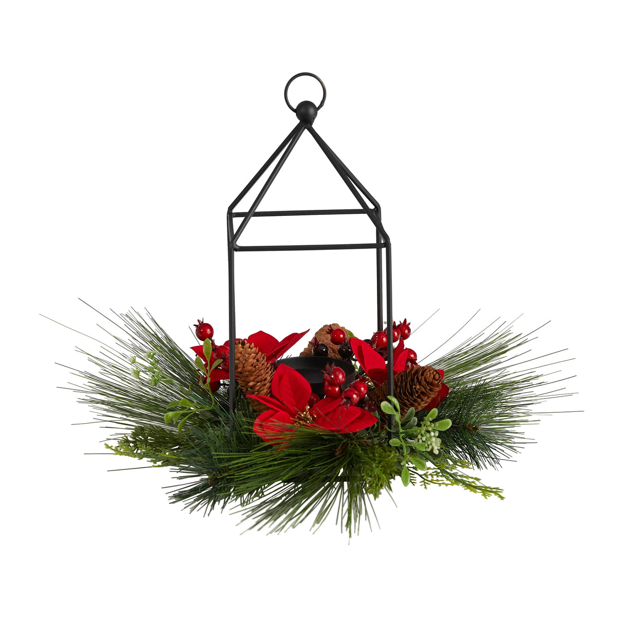 14" Christmas Poinsettia and Berry Metal Candle Holder by Nearly Natural