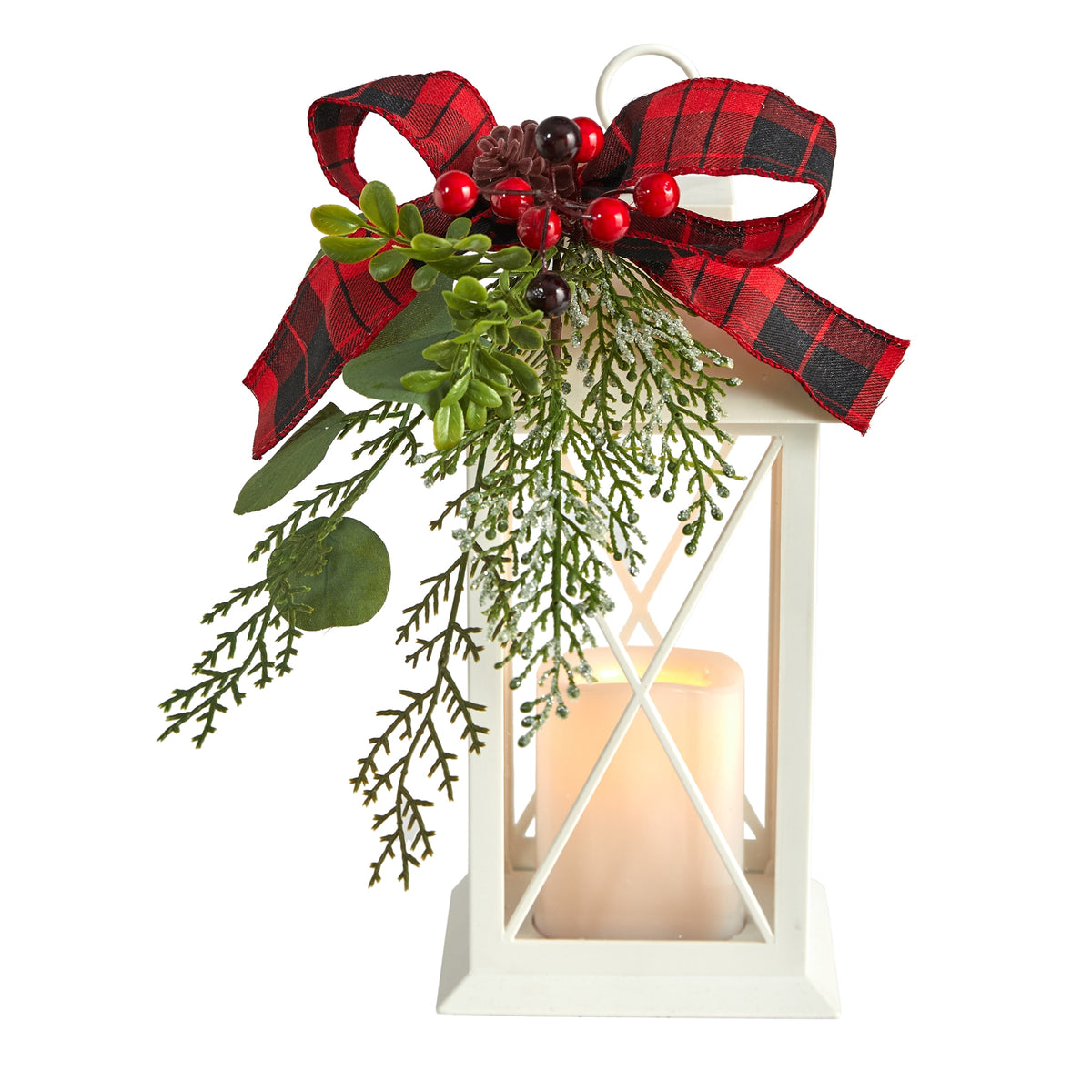 12" Christmas Lantern with Berry and Decorative Bow by Nearly Natural