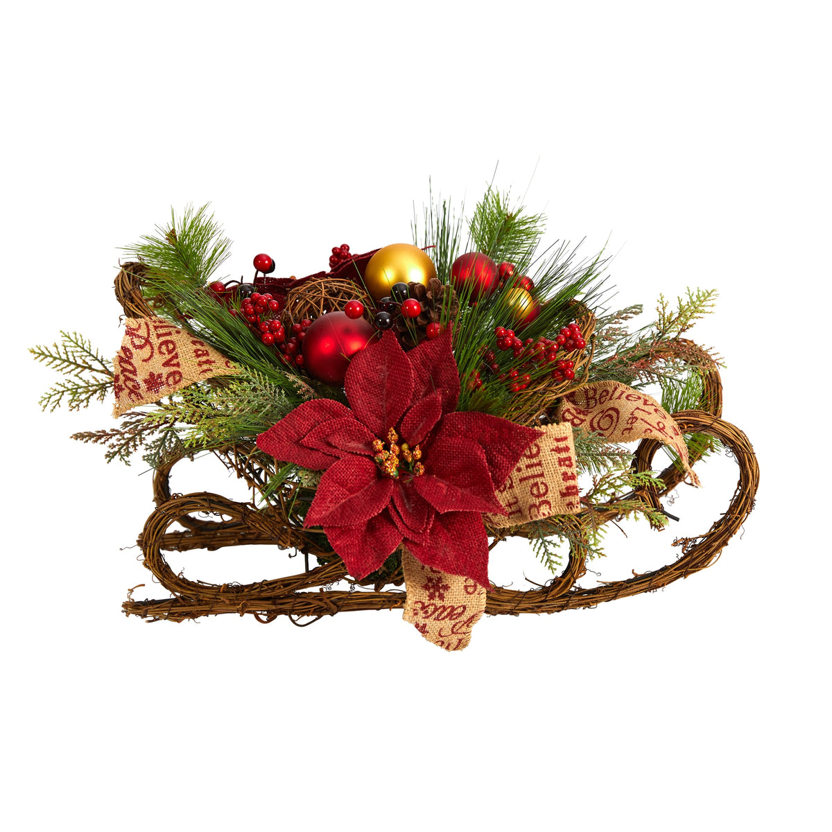 18" Christmas Sleigh Poinsettia Arrangement by Nearly Natural