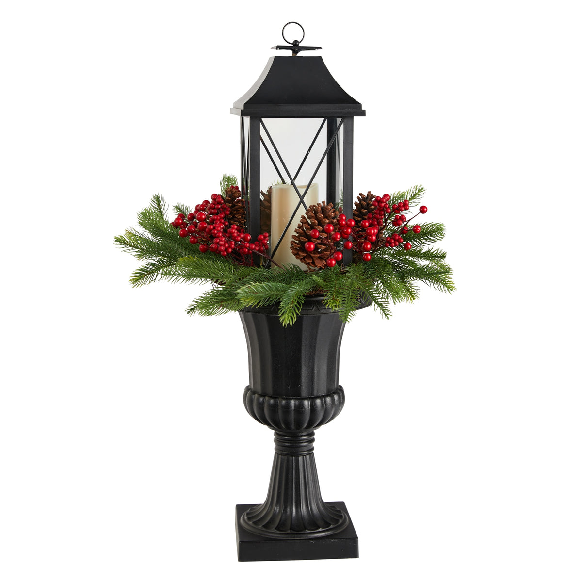 33" Christmas Lantern with Berry and Pinecones in Urn by Nearly Natural
