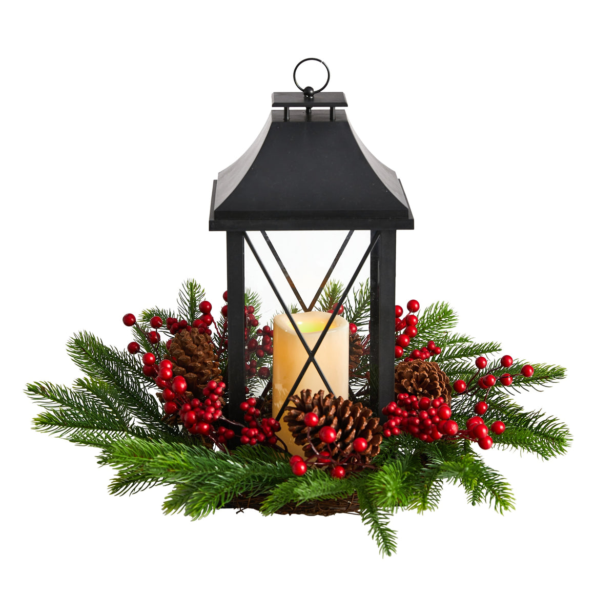16" Christmas Lantern with Berries and Pinecones by Nearly Natural
