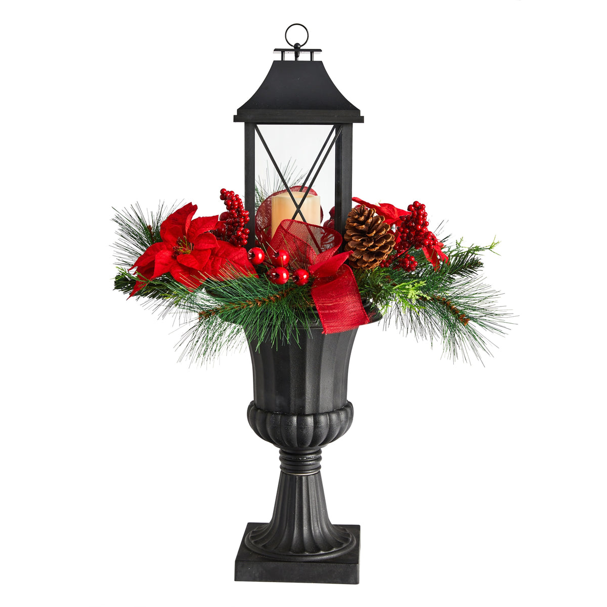 33" Christmas Lantern with Poinsettia and Berries in Urn by Nearly Natural