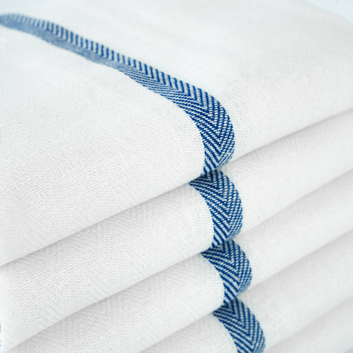 Detail of HR Cotton blue stripe white herringbone kitchen towels. Selling quantity is stated in the listing.