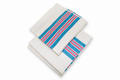 HR Cotton receiving blanket with pink and blue border stripes. Manufacturer family photograph.