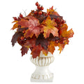 20" Autumn Maple Leaf and Berries Plant in White Urn by Nearly Natural