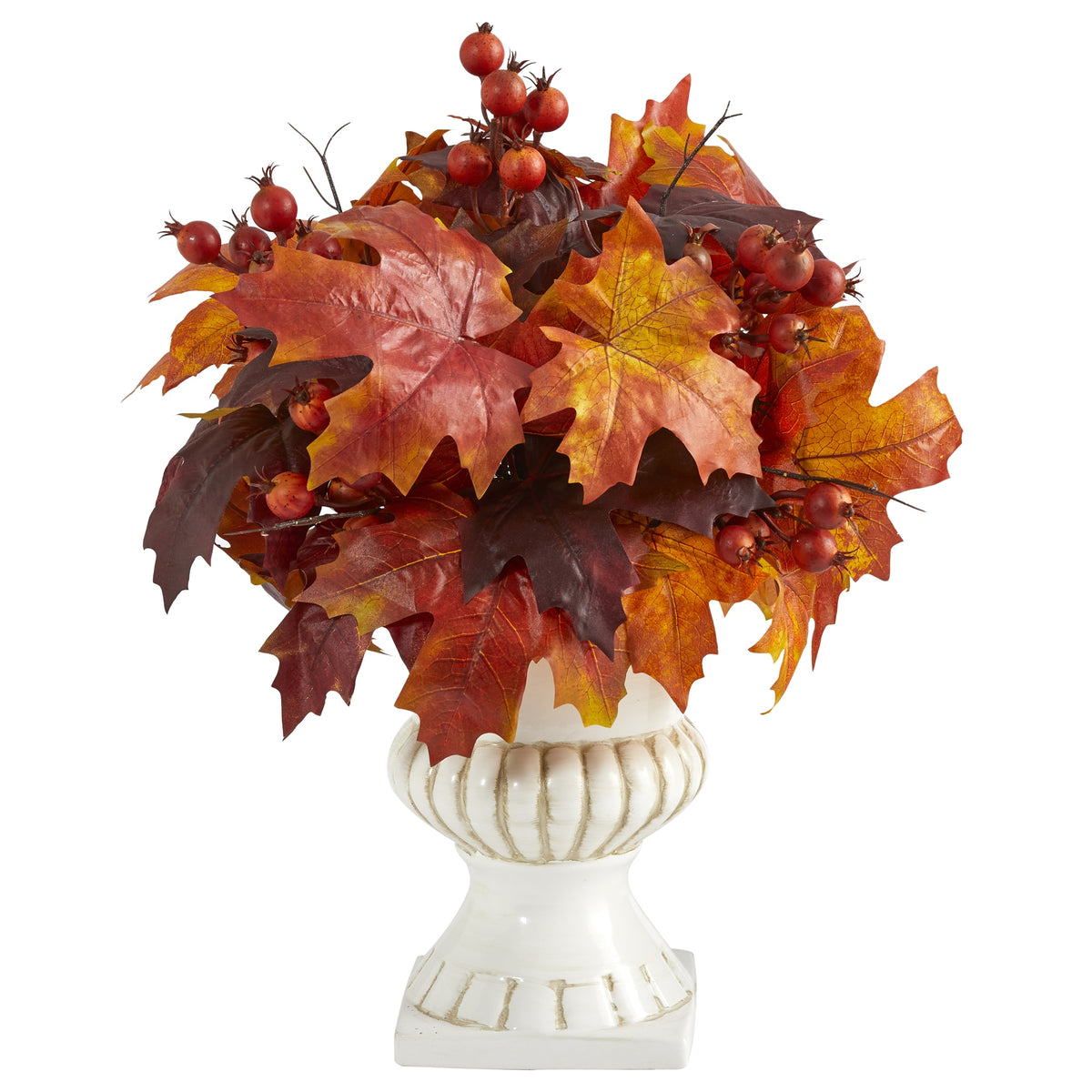20" Autumn Maple Leaf and Berries Plant in White Urn by Nearly Natural