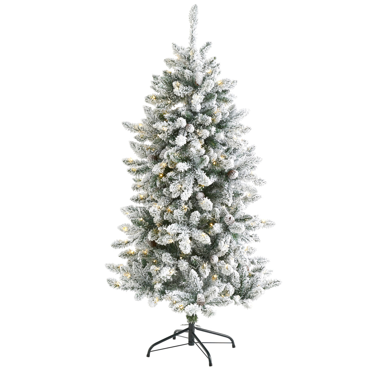 5' Flocked Livingston Fir Christmas Tree w200 LED & Cones by Nearly Natural
