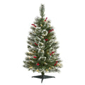 3' Frosted Swiss Pine Christmas Tree 50 LED Lights & Berries by Nearly Natural