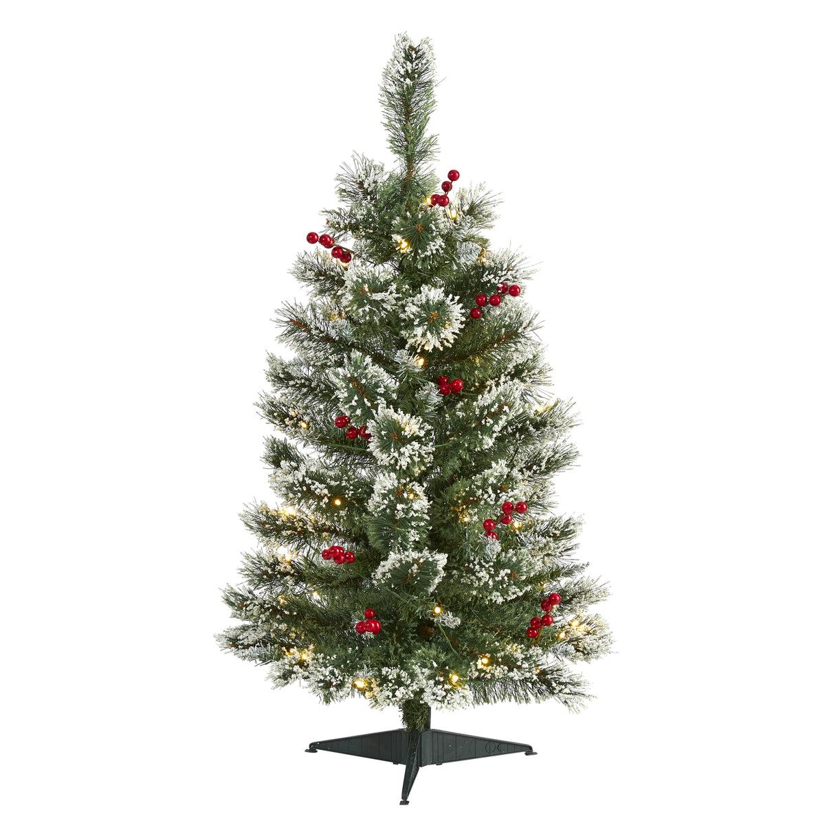 3' Frosted Swiss Pine Christmas Tree 50 LED Lights & Berries by Nearly Natural
