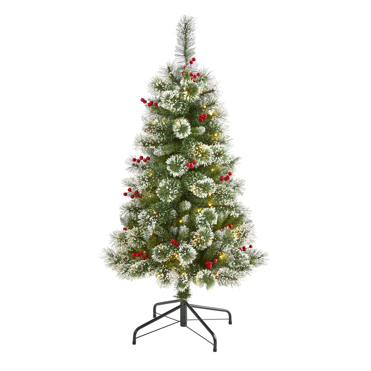 4' Frosted Swiss Pine Christmas Tree 100 LED Light & Berries by Nearly Natural