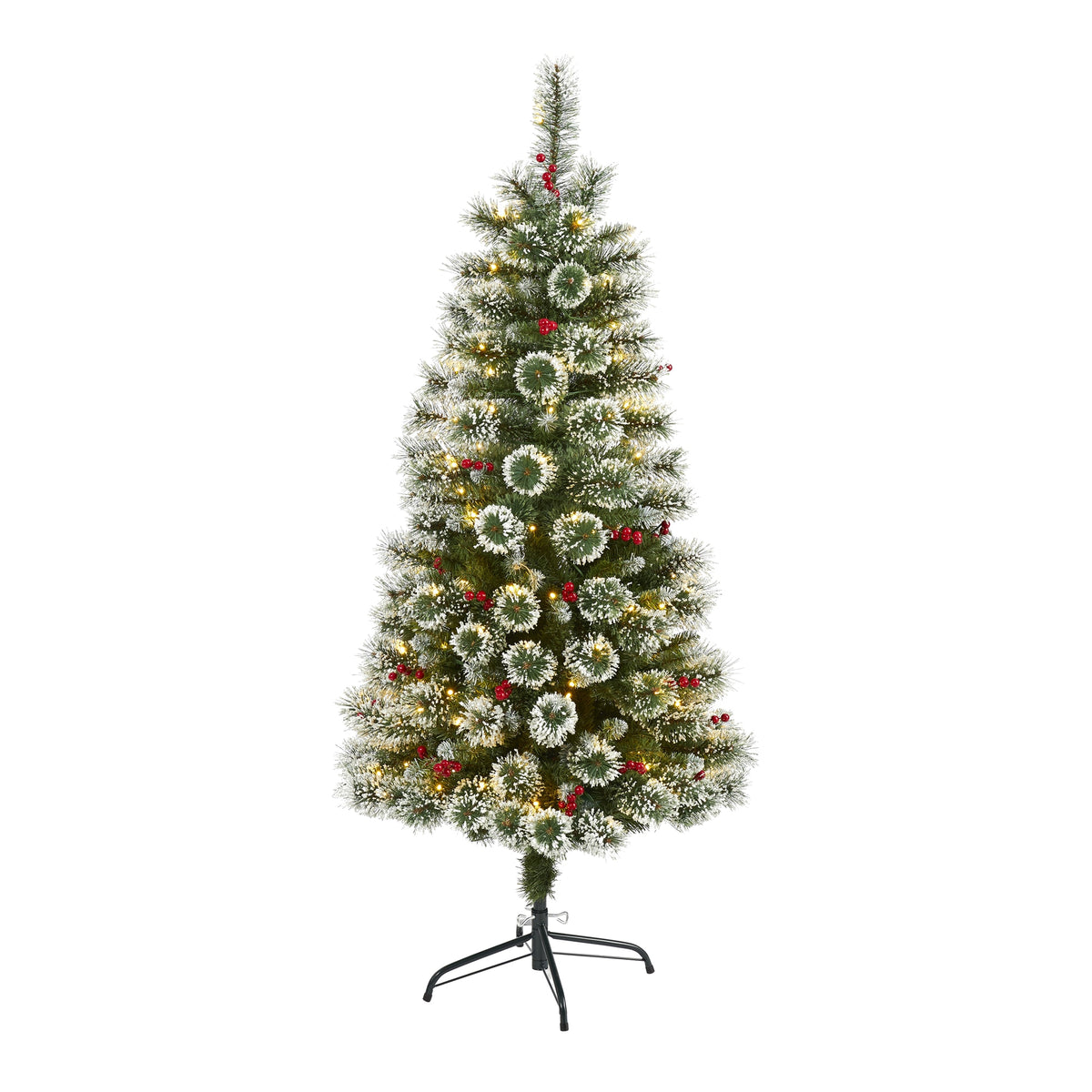 5' Frosted Swiss Pine Christmas Tree 200 LED Light & Berries by Nearly Natural
