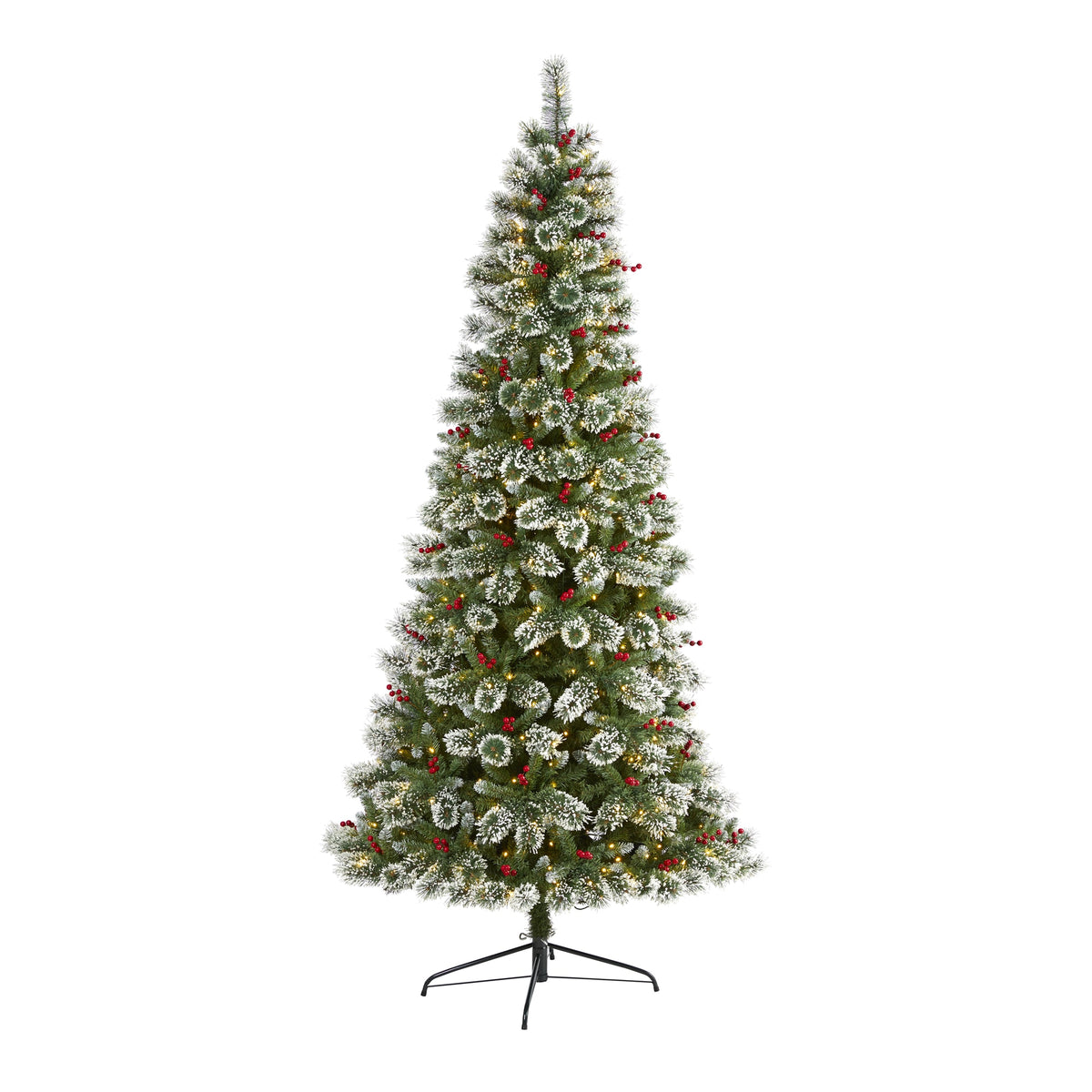 8' Frosted Swiss Pine Christmas Tree 550 Clear LED & Berries by Nearly Natural