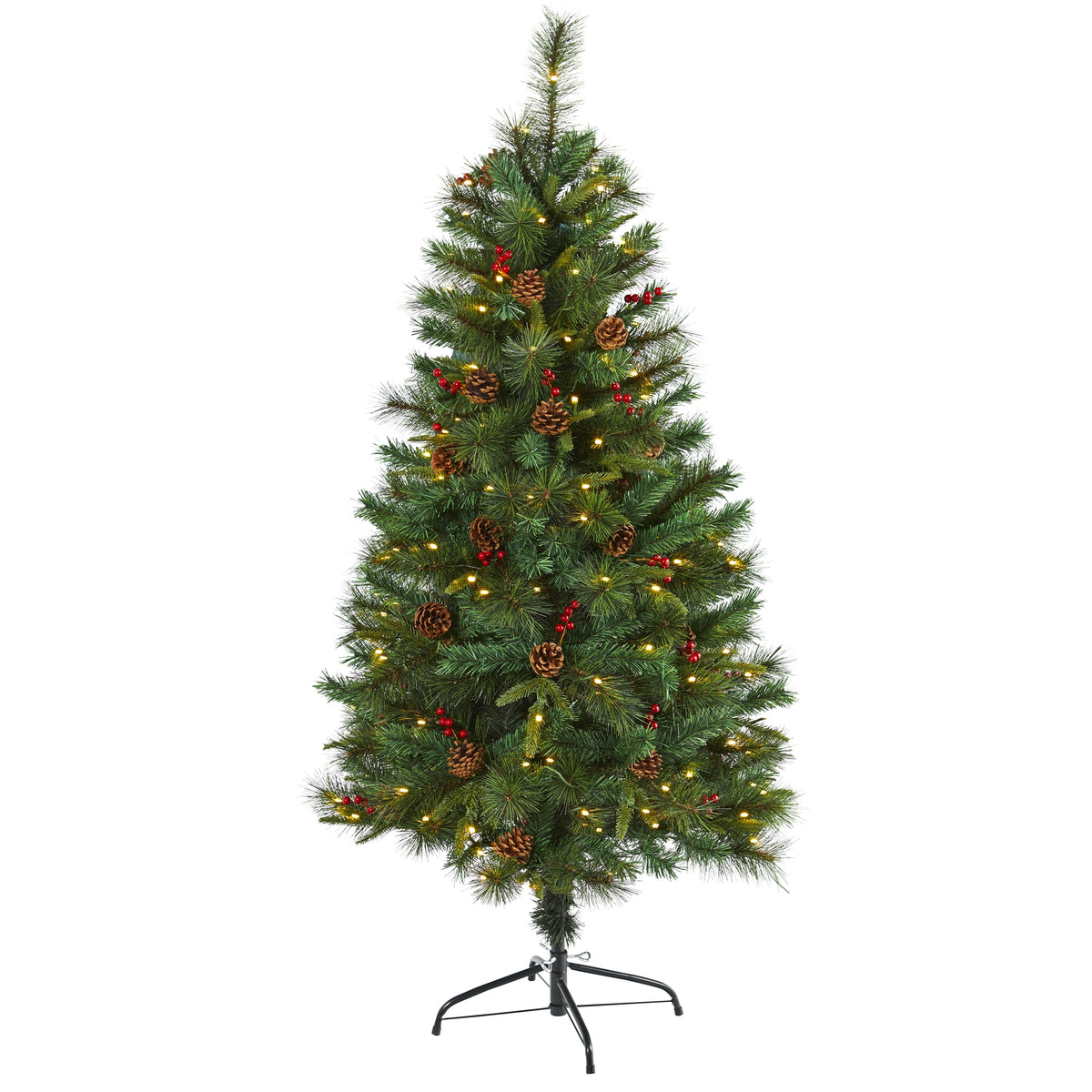 5' Pine Christmas Tree with 150 LEDs Pine Cones and Berries by Nearly Natural