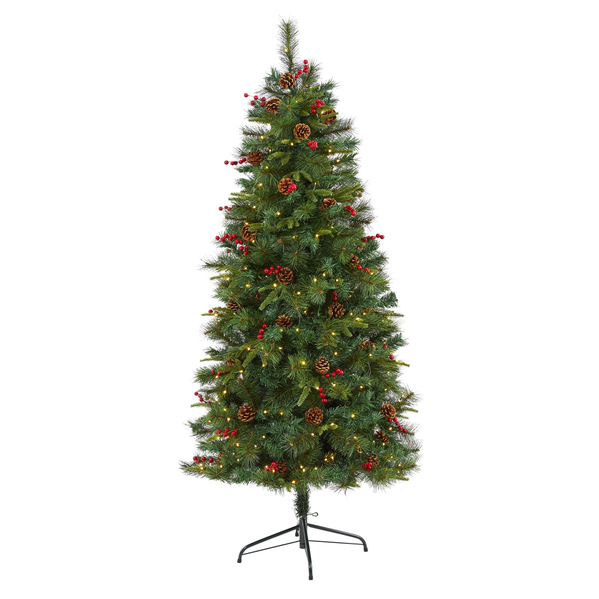 6' Pine Christmas Tree with 250 LEDs Pine Cones and Berries by Nearly Natural