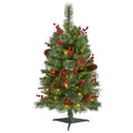 3' Norway Pine Christmas Tree w/50 LED, Cones and Berries by Nearly Natural