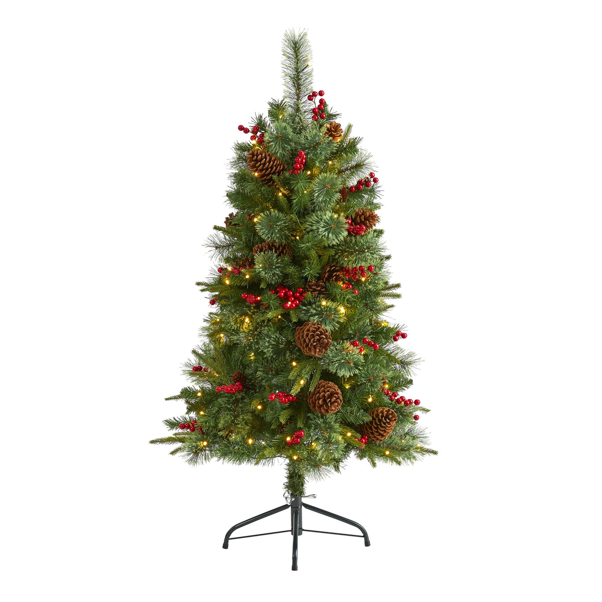 4' Norway Pine Christmas Tree w/150 LED, Cones and Berries by Nearly Natural