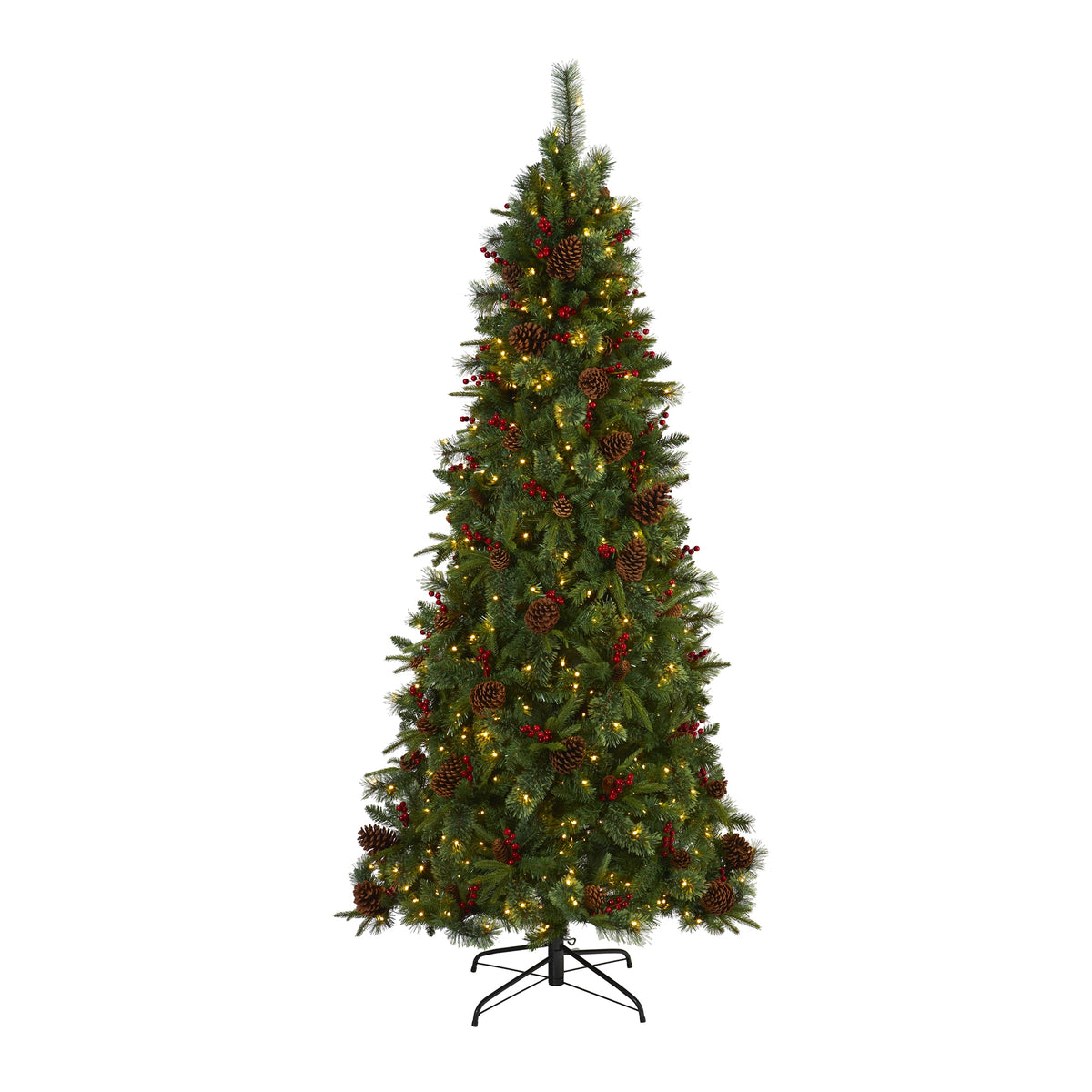 7.5' Norway Pine Christmas Tree w/450 LED, Cones and Berries by Nearly Natural