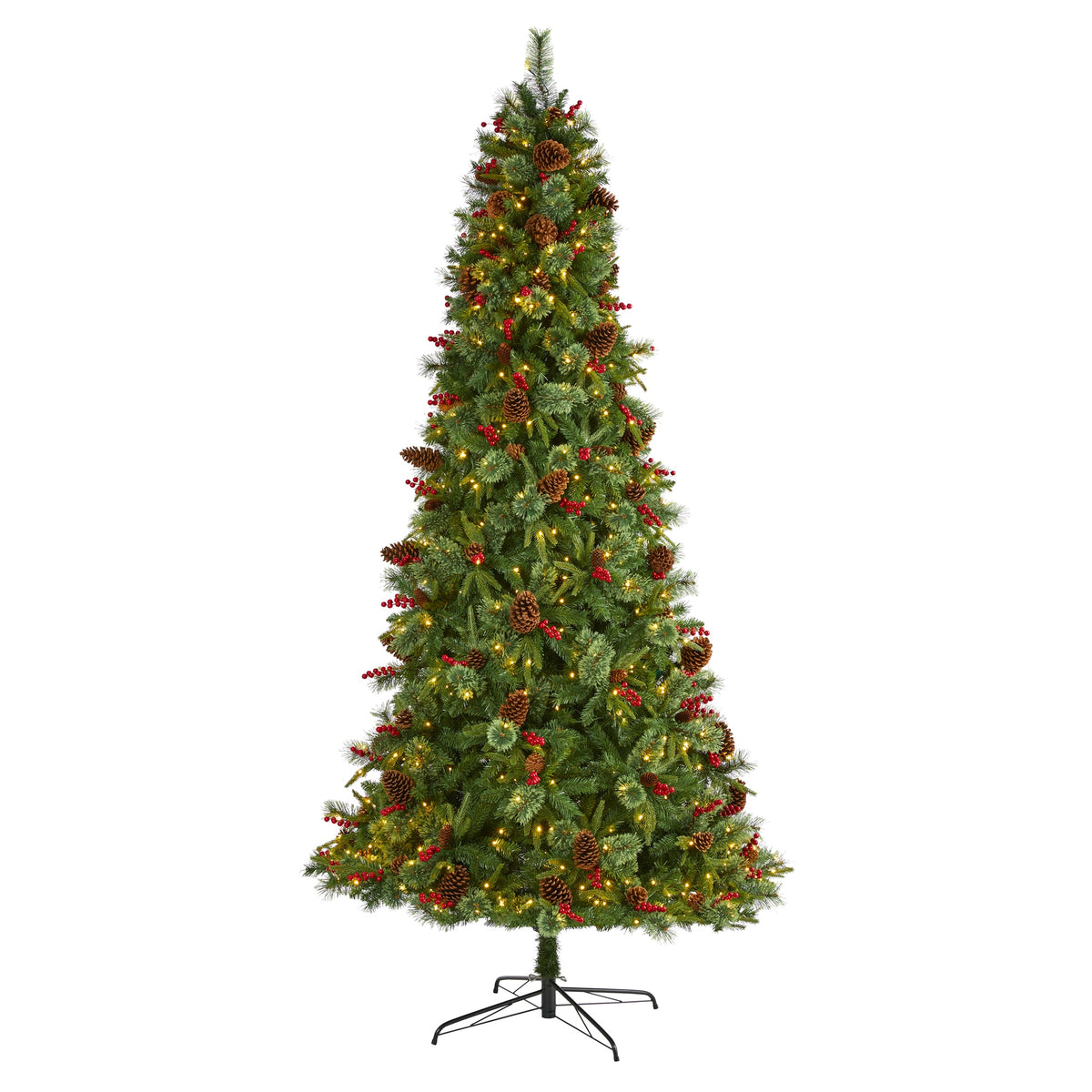 9' Norway Pine Christmas Tree w/650 LED, Cones and Berries by Nearly Natural