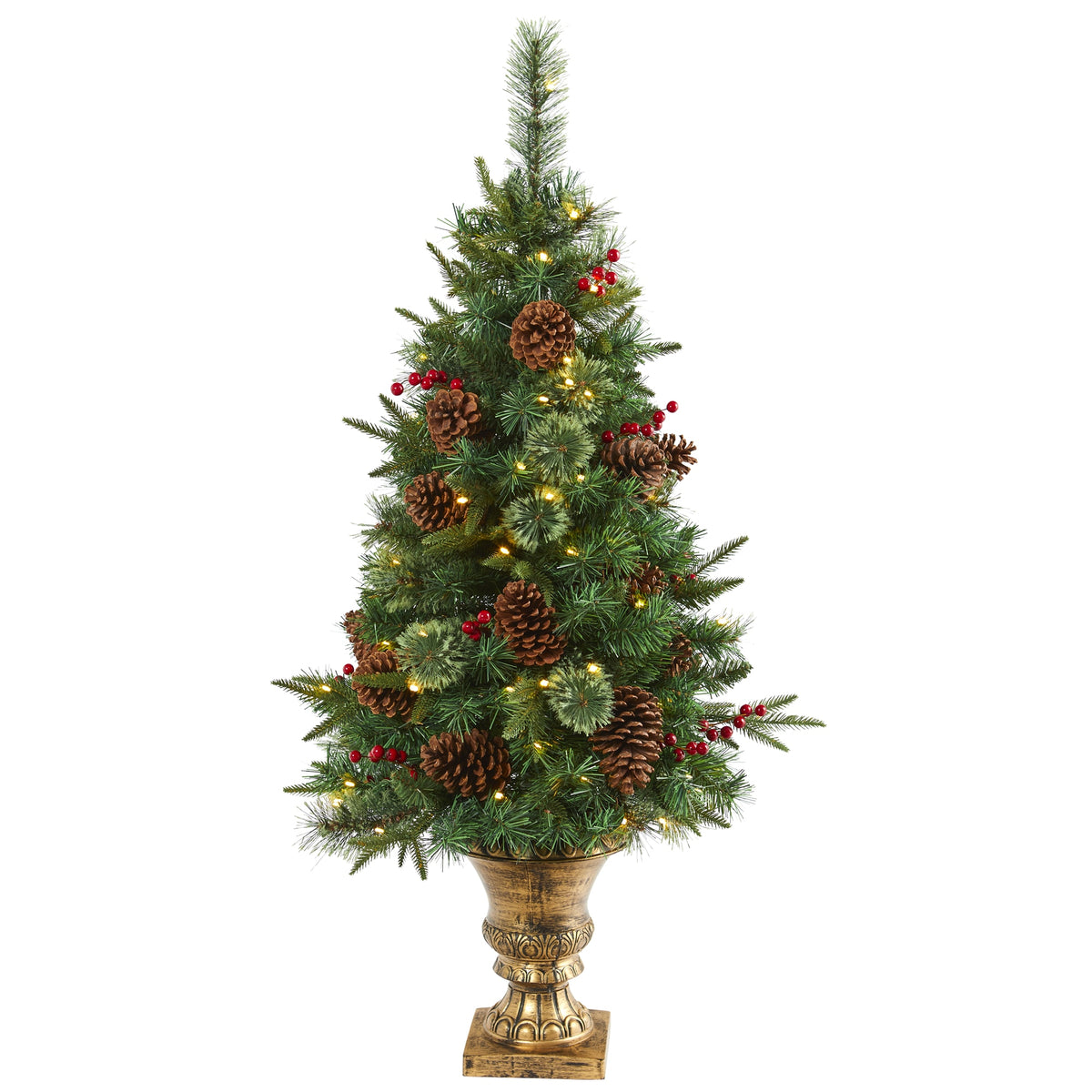 4' Pine, Pinecone and Berries Christmas Tree Urn 100 Lights by Nearly Natural