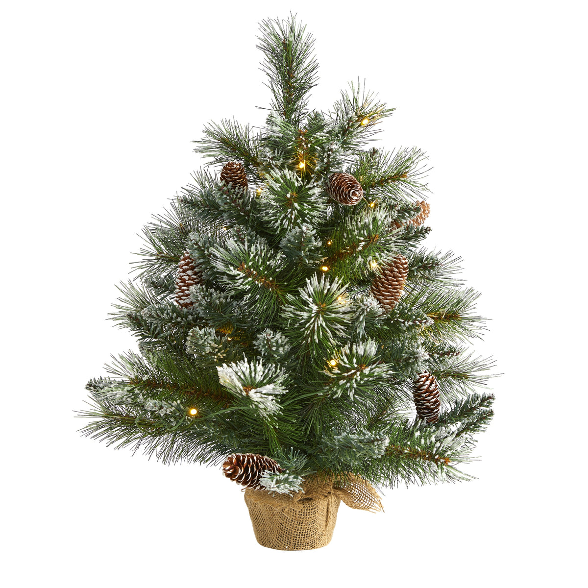 2' Frosted Pine Xmas Tree w/35 LEDs, Cones and Burlap by Nearly Natural