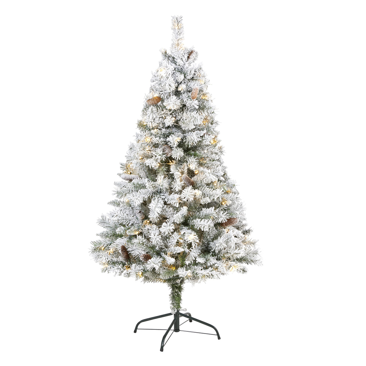 5' Flocked White Christmas Tree w/Pinecones 150 LED 360 Tip by Nearly Natural