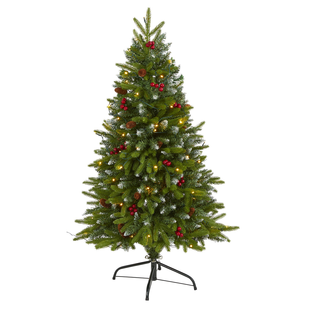 4' Snow Tipped Christmas Tree w/ Berries Pinecones w/100 LED by Nearly Natural