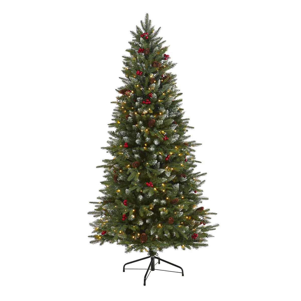 6' Snow Tipped Christmas Tree w/ Berries Pinecones w/300 LED by Nearly Natural
