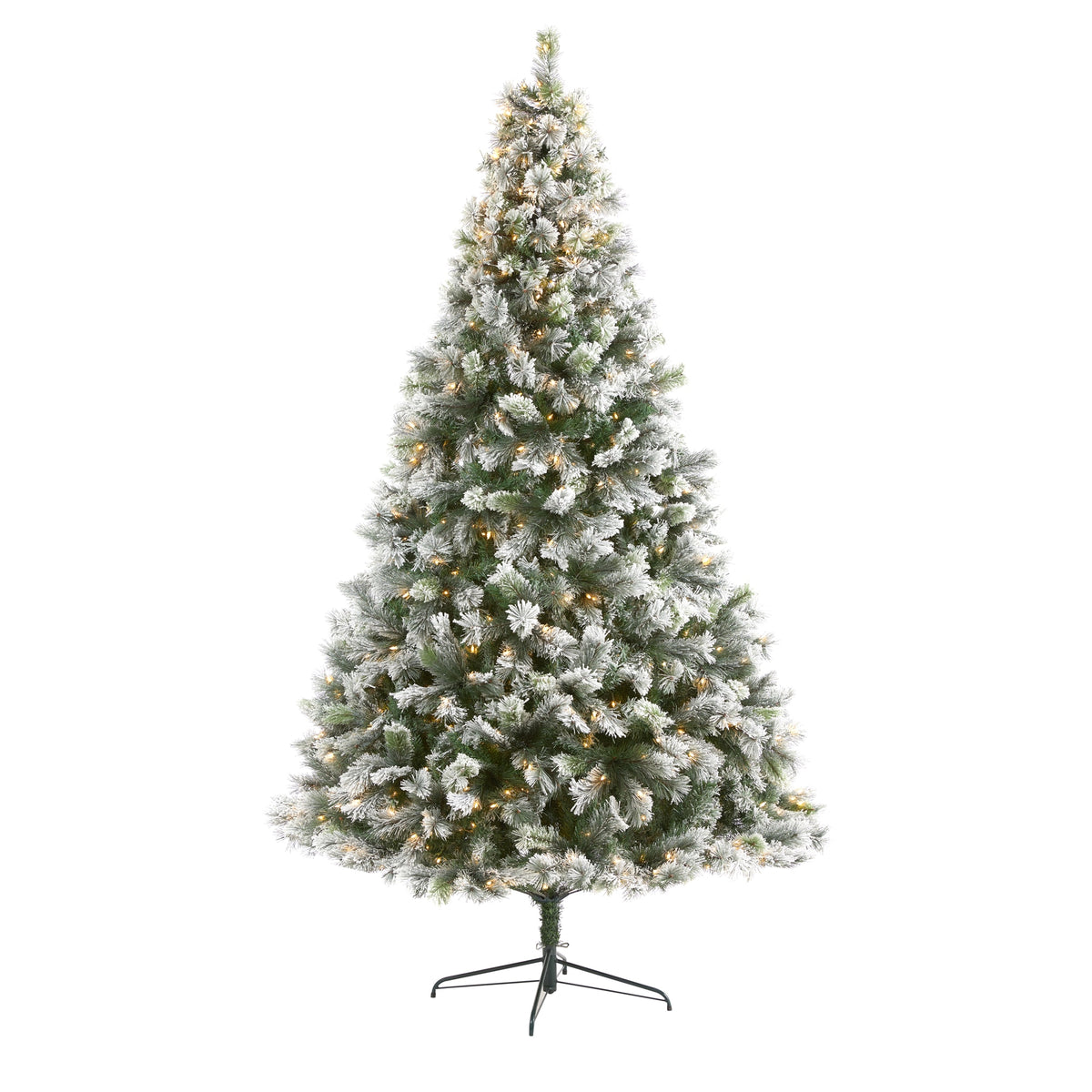 9' Flocked Oregon Pine Xmas Tree w/600 Lights and 1580 Tips by Nearly Natural