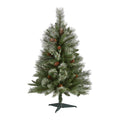 3' Snowed French Pine Xmas Tree w/135 Tips and Pine Cones by Nearly Natural