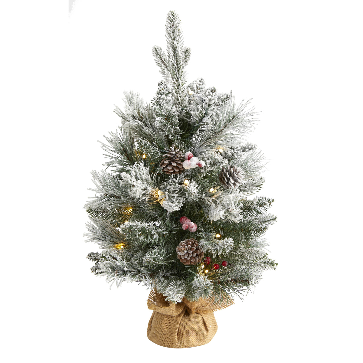 2' Flocked Xmas Tree w/30 Lights, 73 Tips, Cones & Berries by Nearly Natural
