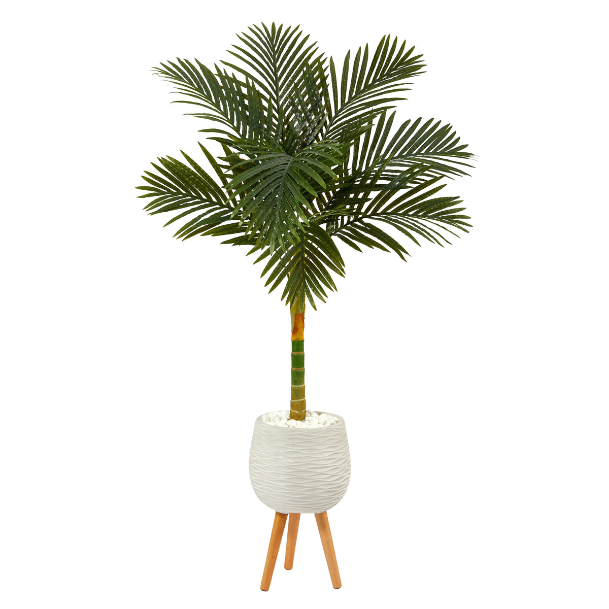 5' Golden Cane Palm Tree in White Planter with Stand by Nearly Natural