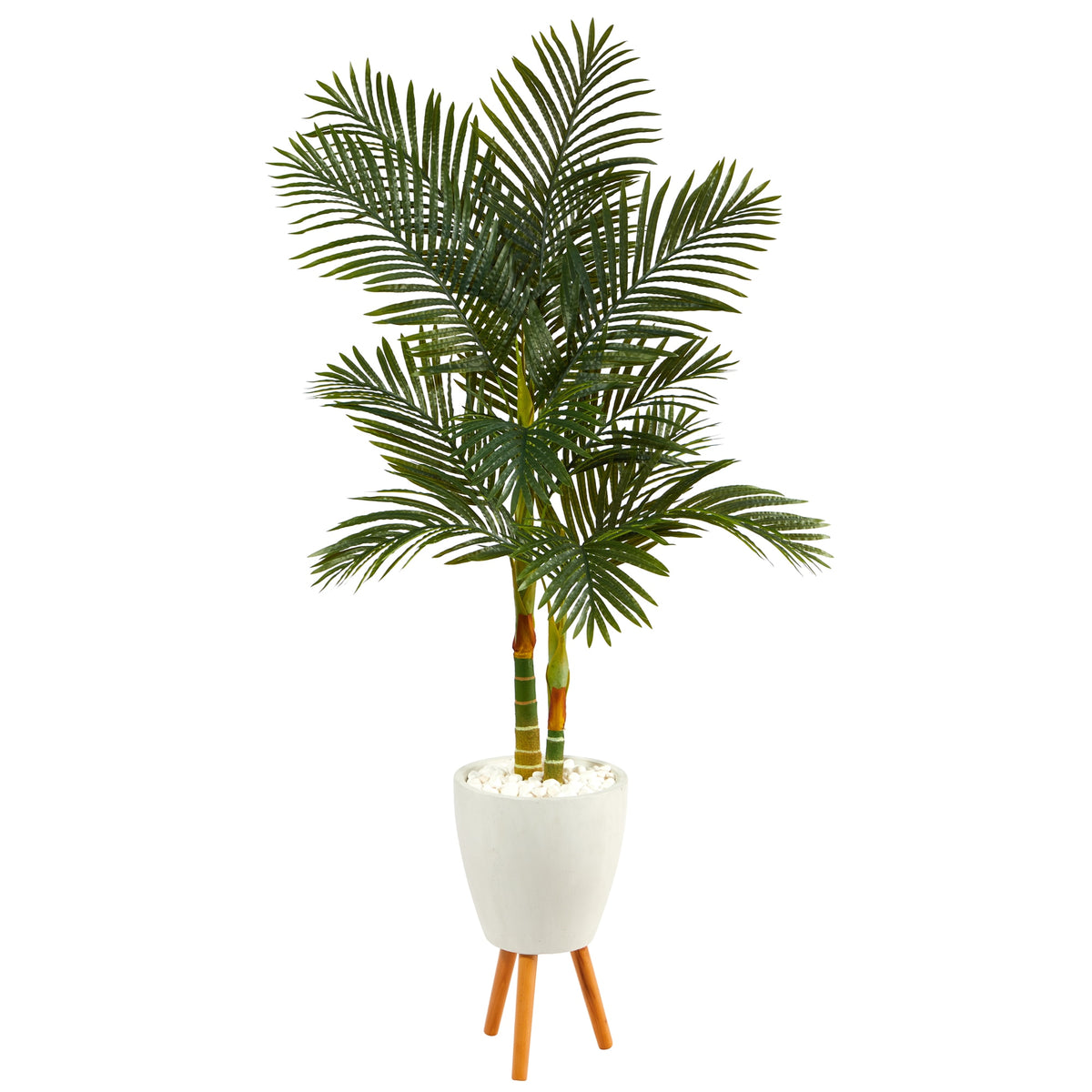 70" Golden Cane Palm Tree in White Planter with Stand by Nearly Natural