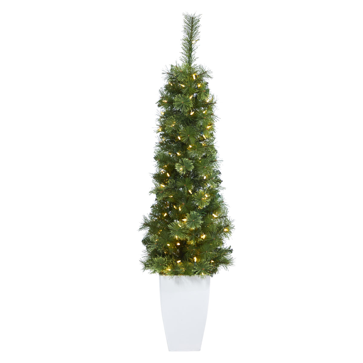 50" Green Pencil Xmas Tree in White Metal Planter by Nearly Natural
