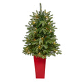 44" Snowed Teton Fir Xmas Tree with 50 Lights in Red Planter by Nearly Natural in Red