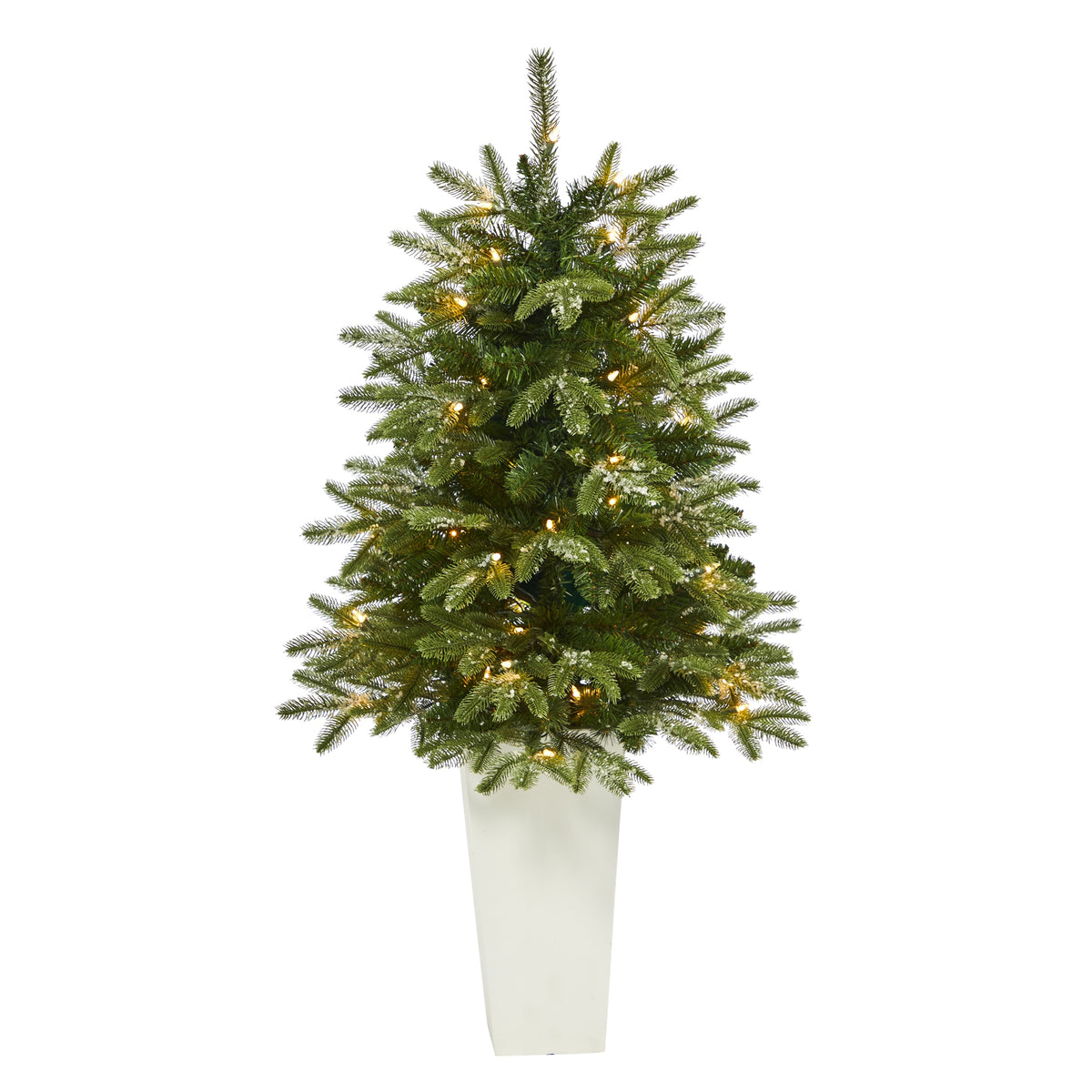 44" Snowed Teton Fir Xmas Tree with 50 Lights in Red Planter by Nearly Natural in White