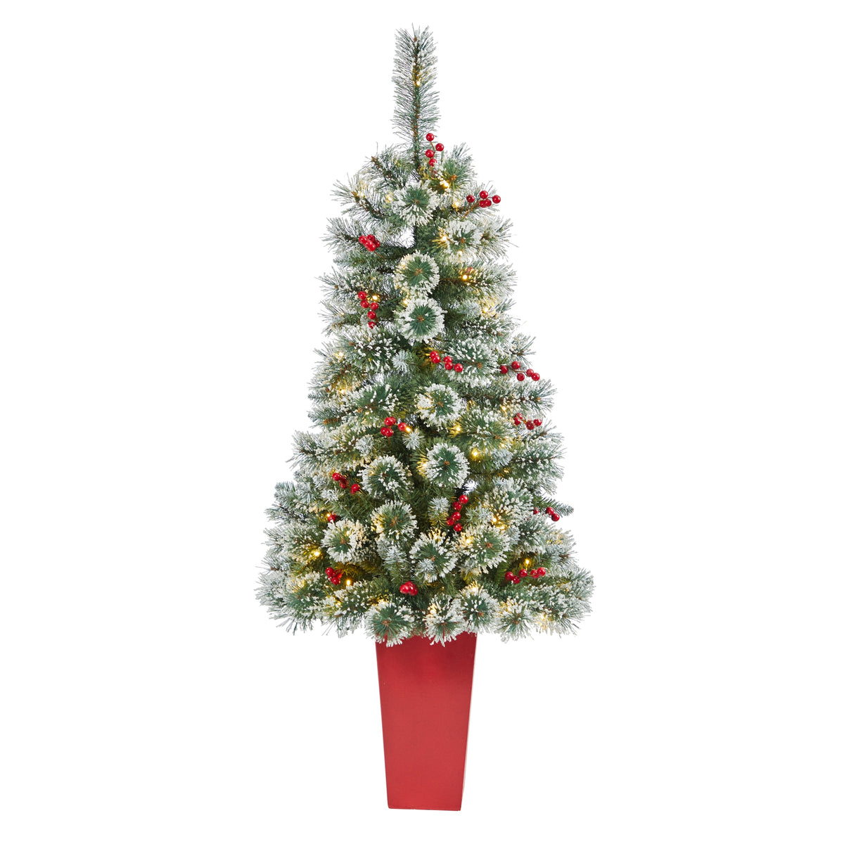 52" Frosted Swiss Pine Christmas Tree 100 LED in Red Planter by Nearly Natural