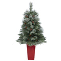 44" Snowed French Pine Xmas Tree w/135 Tips in Red Planter by Nearly Natural