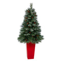 55" Snowed French Pine Xmas Tree w/237 Tips in Red Planter by Nearly Natural