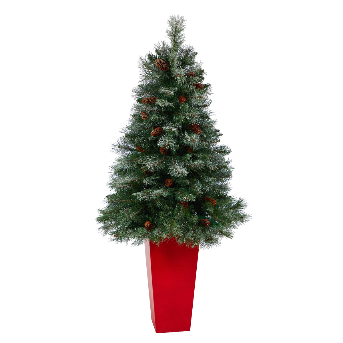 55" Snowed French Pine Xmas Tree w/237 Tips in Red Planter by Nearly Natural