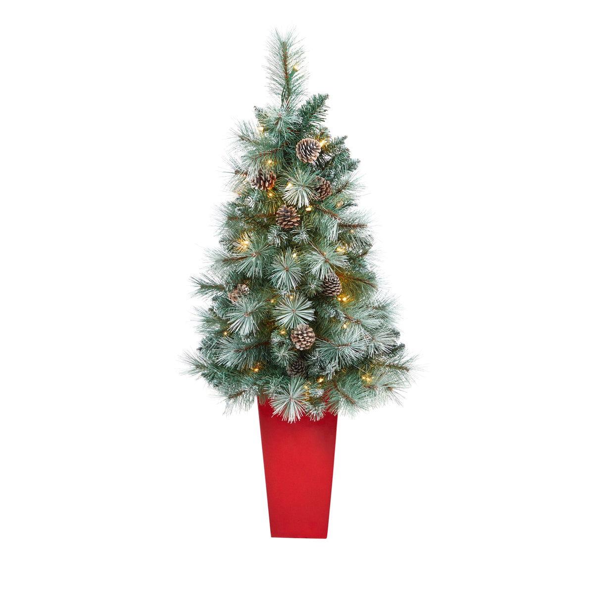 44" Brit Columbia Pine Xmas Tree w/50 Lights in Red Planter by Nearly Natural