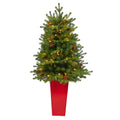 3.5' Yukon Fir Xmas Tree w/50 Lights in Red Planter by Nearly Natural