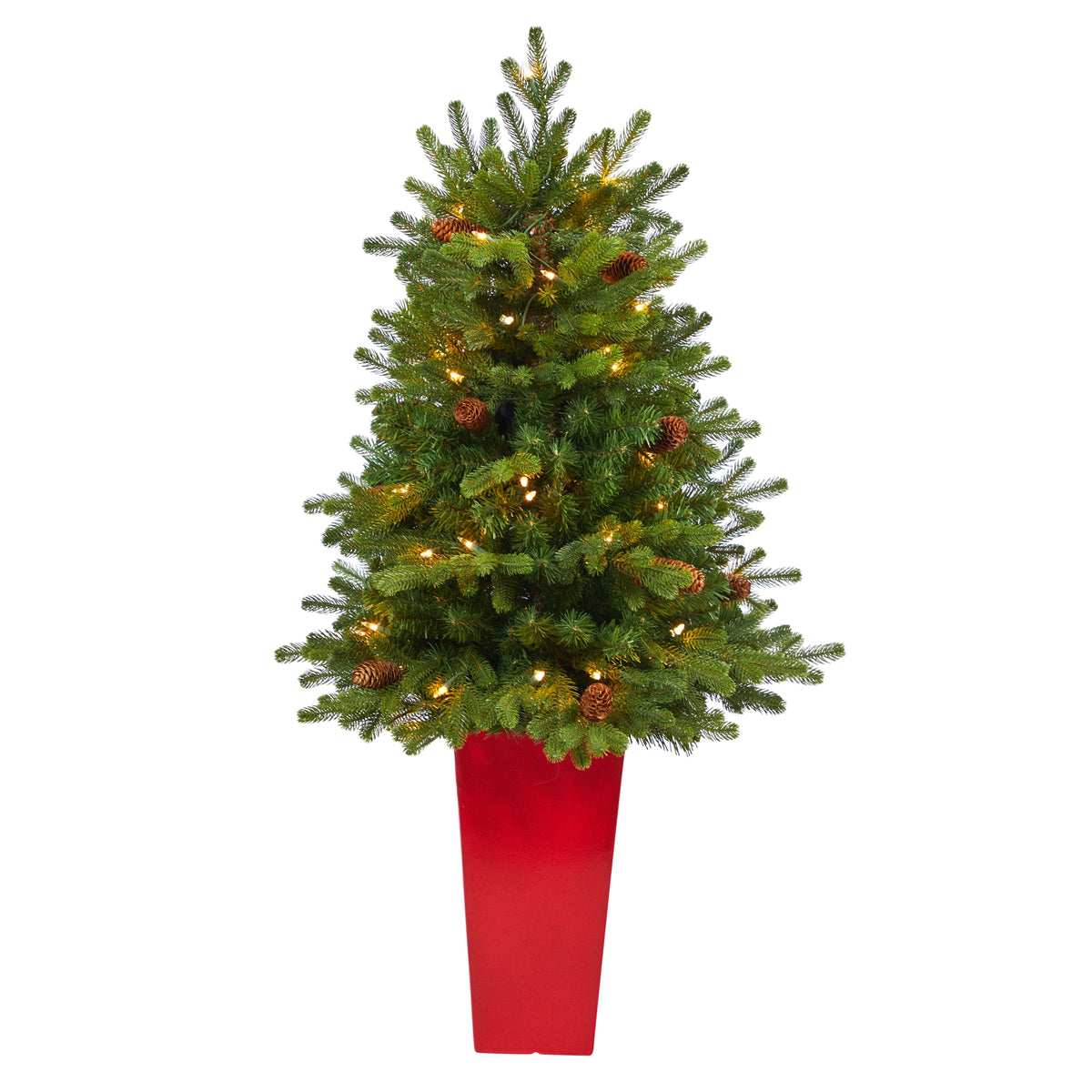 3.5' Yukon Fir Xmas Tree w/50 Lights in Red Planter by Nearly Natural