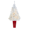 4.5' White Christmas Tree w/100 LED Lights in Red Planter by Nearly Natural