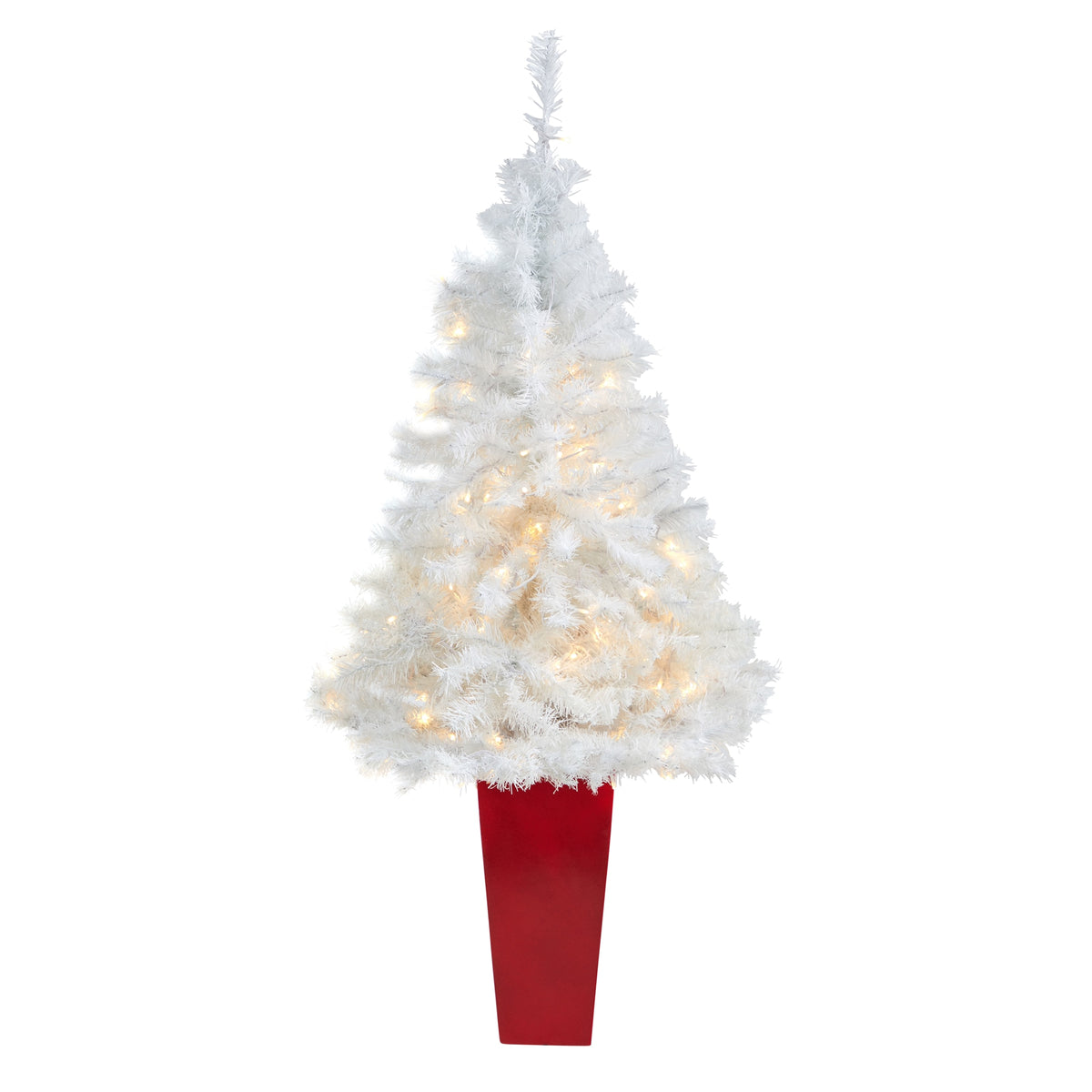 4.5' White Christmas Tree w/100 LED Lights in Red Planter by Nearly Natural