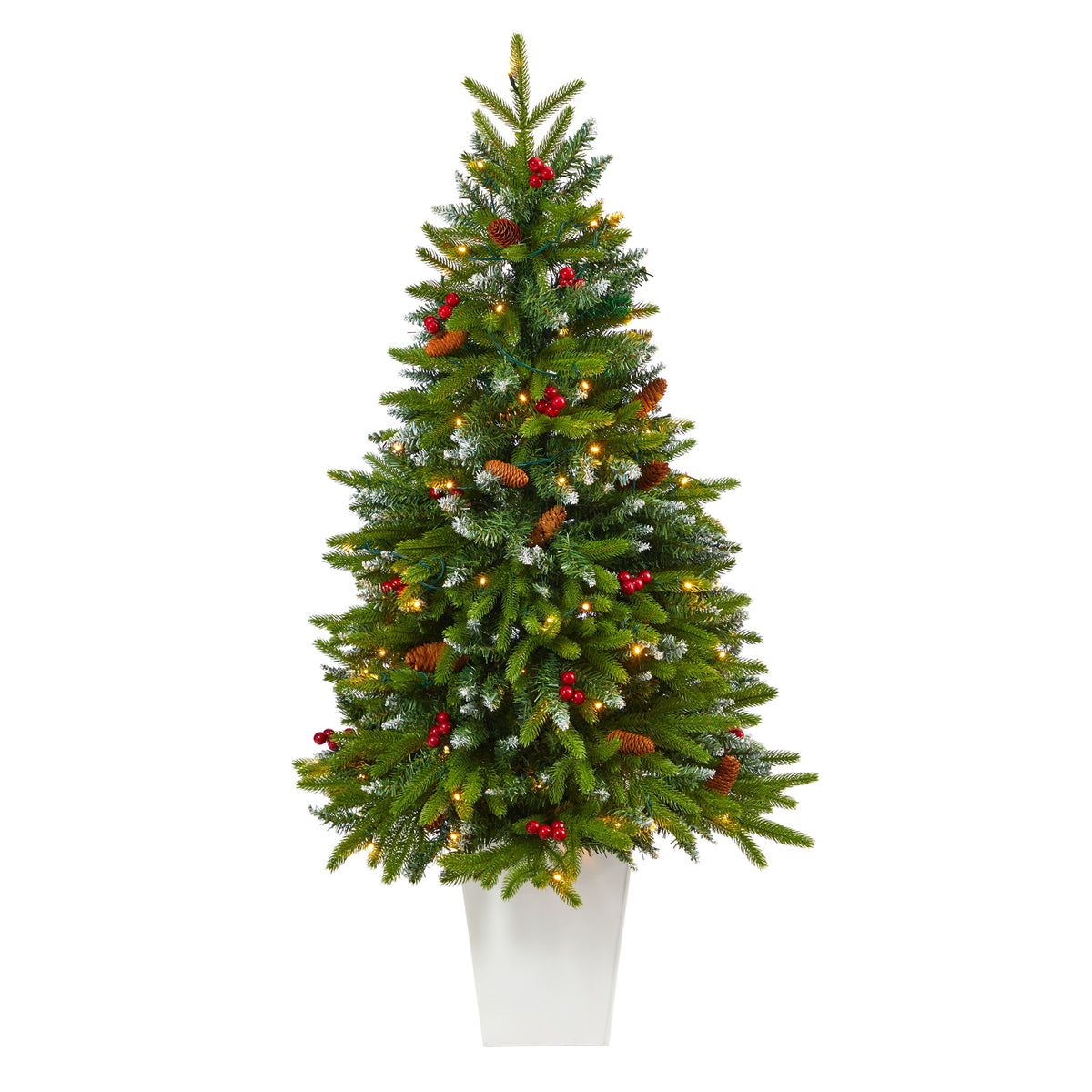 56" Snow Tipped Christmas Tree w/100 LED in White Planter by Nearly Natural