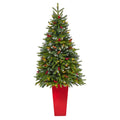62" Snow Tipped Christmas Tree w/100 LED in Red Planter by Nearly Natural