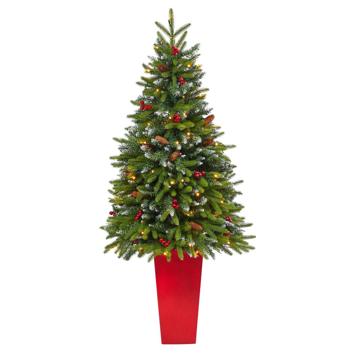 62" Snow Tipped Christmas Tree w/100 LED in Red Planter by Nearly Natural