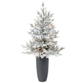 4' Flocked Fraser Fir Tree w/200 Lights in Gray Planter by Nearly Natural